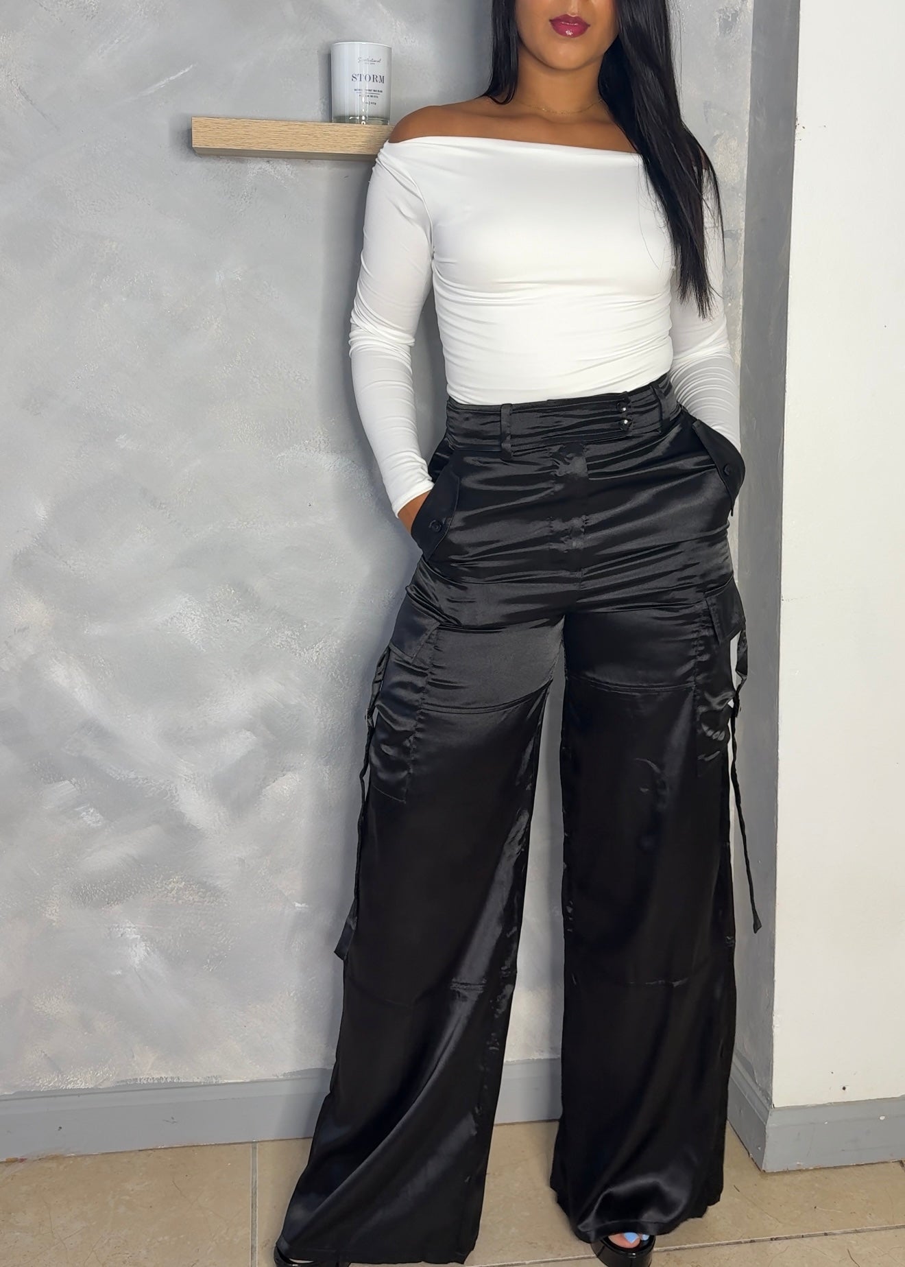 Highwaist Black Satin Cargo