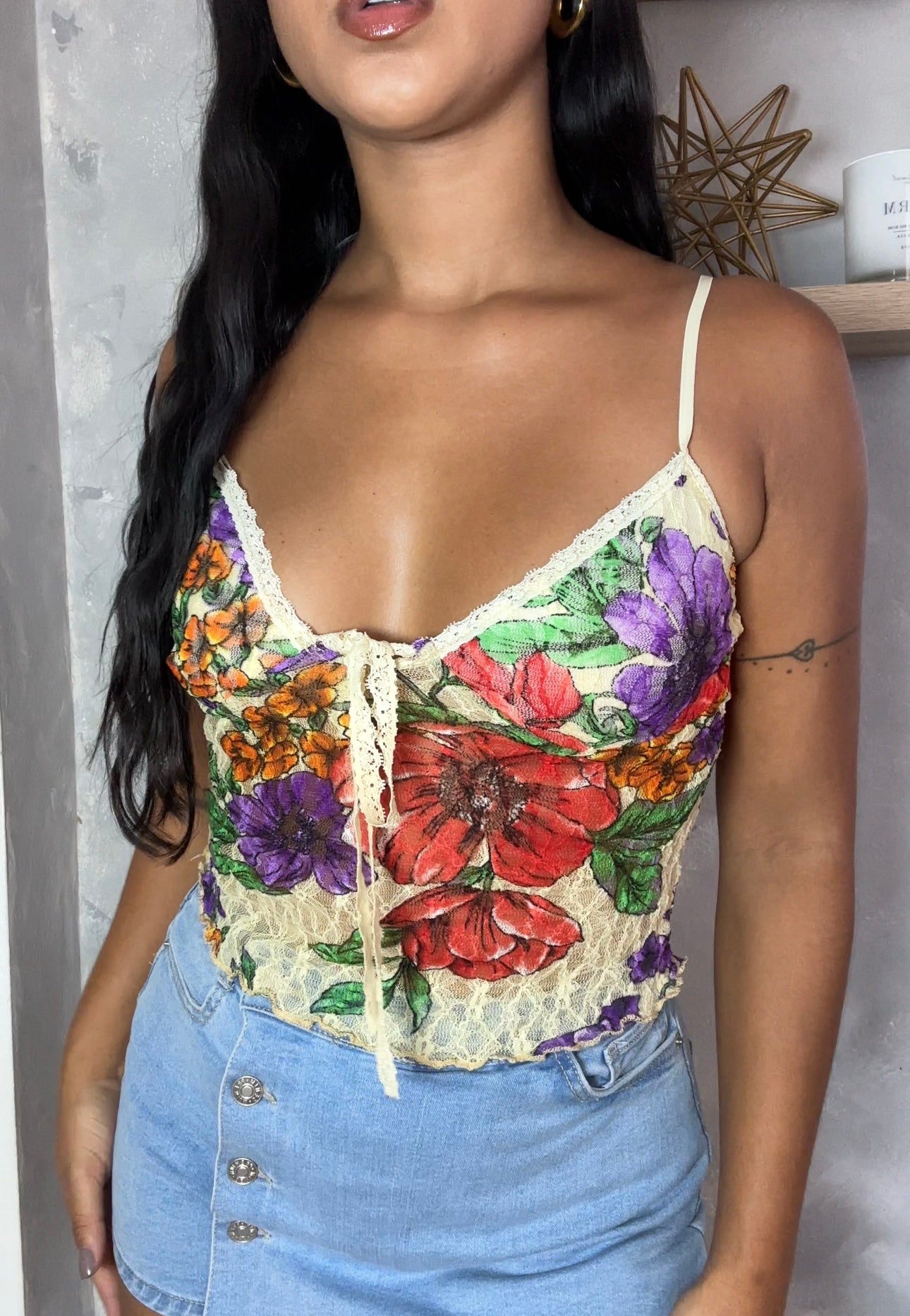 Beige Mesh Flower Top