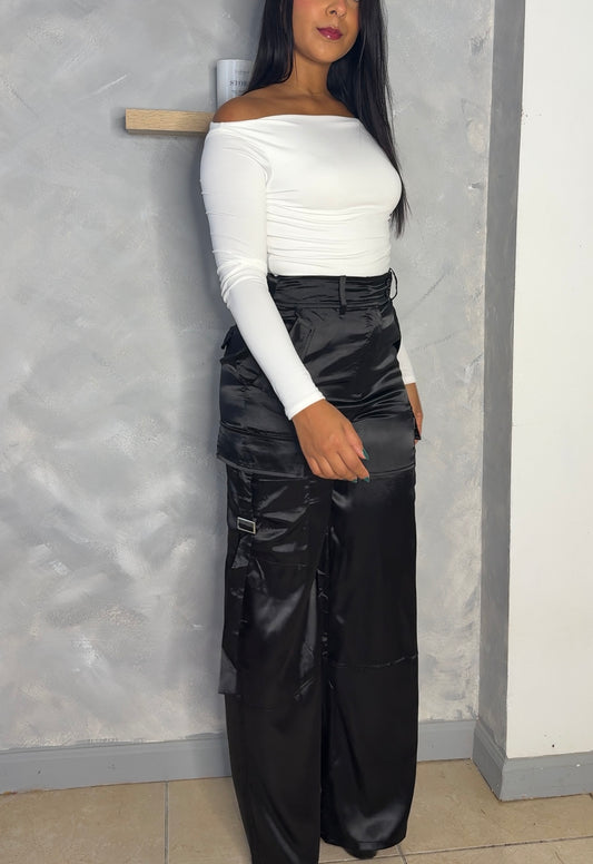 Highwaist Black Satin Cargo