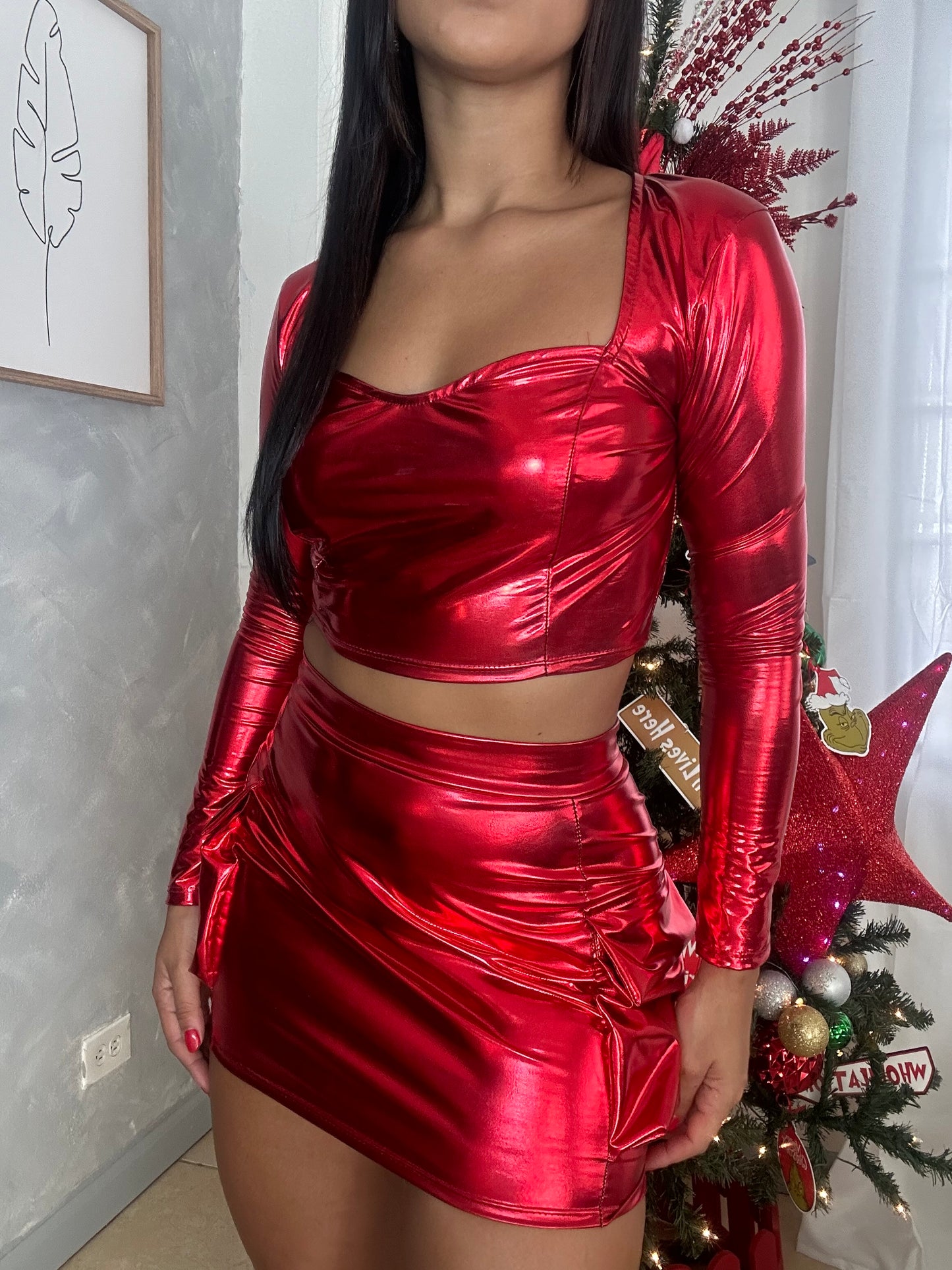 Metallic Red Cargo Skirt Set