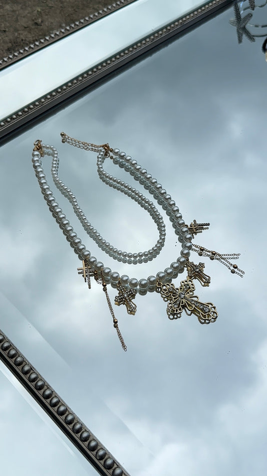 Tiered Pearl Cross Pendant Necklace