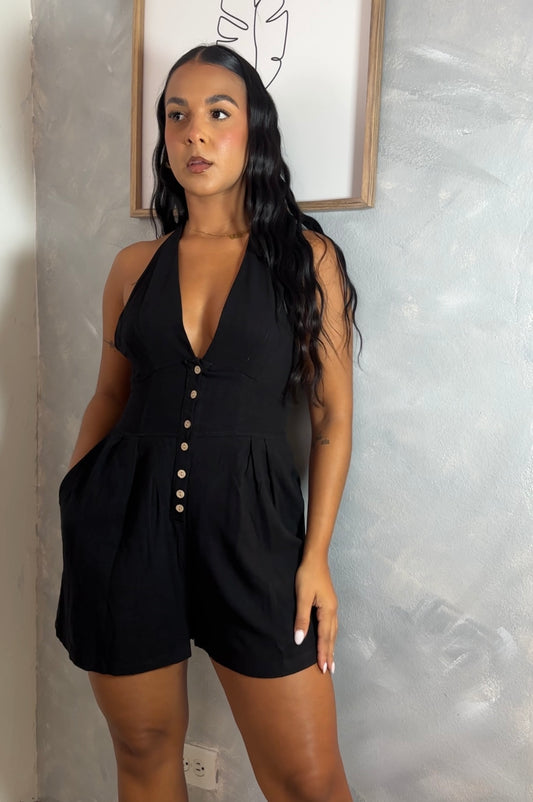 Linen Black Halter Romper