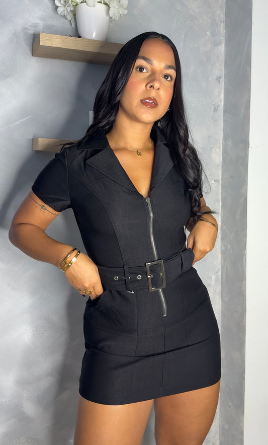 Belted Black Mini Dress